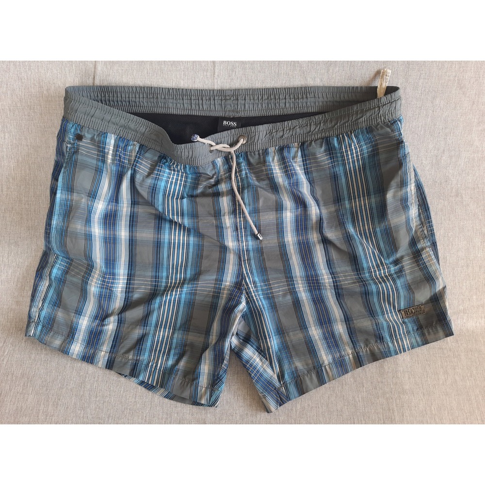 BOSS HUGO BOSS Men's Small Plaid Drawstring Elastic Waist Swim Trunks Polyester